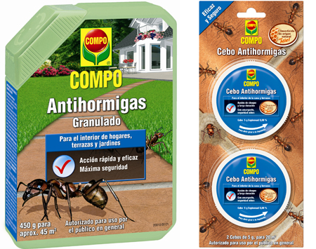 Compo Antihormigas Granulado (izq.) y Antihormigas Cebo (dcha.).