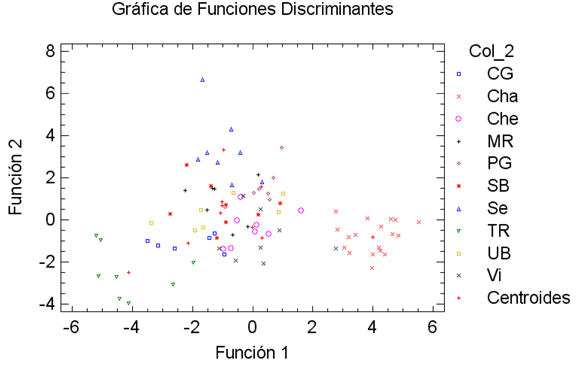 Fig.2: Funciones discriminantes para variedades blancas y rosadas