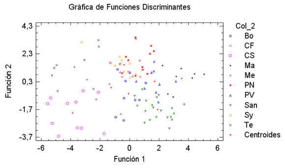 Fig.3: Funciones discriminantes para variedades tintas