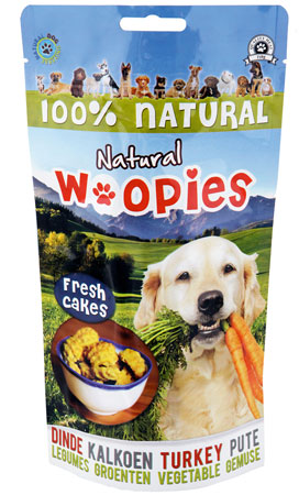 Natural Woopies son galletas 100% naturales para perros, cocidas al horno de manera tradicional y elaboradas en una fbrica de alimentos para humanos...