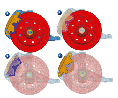 Un ensamblaje FEM del conjunto de un freno de disco. 1: Se muestran el FEM de conjunto y la pieza de trabajo. 2: El disco es la pieza de trabajo...