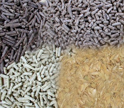Pellets procedentes de biomasa residual forestal y detalle ampliado de cscara de arroz