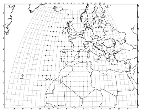 Rejilla o matriz de medidas de presión y localización de las medidas de velocidad del viento asociadas (en proyección Lambert)... Rejilla o matriz de medidas de presión y localización de las medidas de velocidad del viento asociadas (en proyección Lambert)...