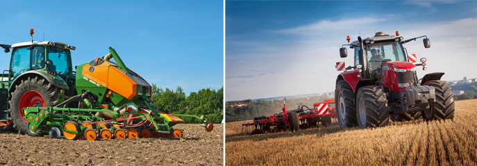 La sembradora monograno EDX d'Amazone (esq.) i el tractor MF 7626 (dta...