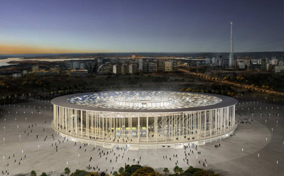 La imagen muestra la vista exterior del Estadio Nacional de Brasilia con techo circular