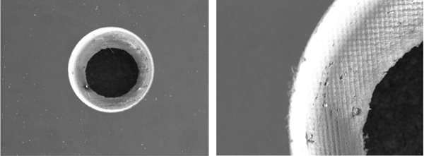 Imgenes tomadas con SEM de uno de los taladros realizados en vidrio borosilicato...