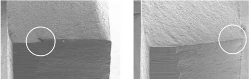 Efecto del corte mecnico en la vida a fatiga de chapa metlica. Inicio de fatiga en la zona de corte (izquierda), e inicio en la rebaba (derecha)...