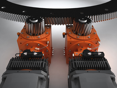 It is composed of two identical gear boxes (TwinDrive system) that share the torque