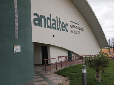 The image shows the main entrance of the technological center of plastics where Gabriel Morales heads the research team at Susfoflex in Andaltec...