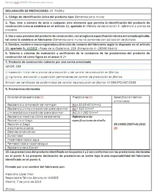 Figure 1: Example of Declaration of performance elements for prefabricated concrete walls