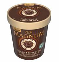 Vainilla y Chocolate. El tradicional helado de vainilla con trocitos de crujiente chocolate Magnum y corazn de salsa de chocolate...