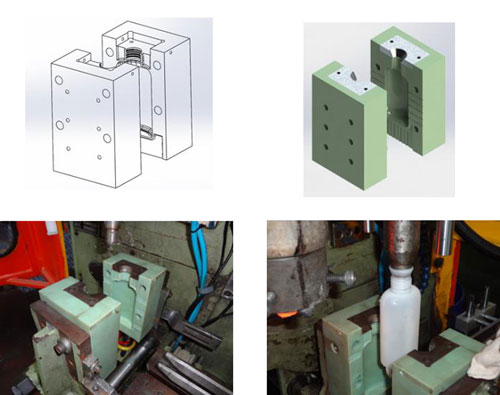 Figure 1. From top left: CAD design of extrusion blow mould. Printed mould with PolyJet...