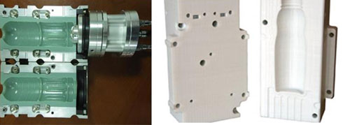 Figure 2. Left: PolyJet printed inserts can be joined on a metal rack. Right: a printed full mold in FDM