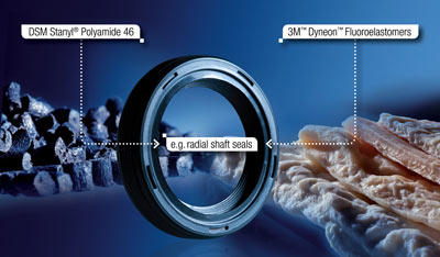 Material bicomponente fabricado con fluoroelastmeros y Stanyl poliamida 46 de 3M Dyneon unido mediante un proceso de fabricacin simplificado de dos...