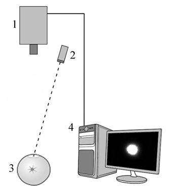 Figura 2b: Esquema del sistema de adquisicin de imagen. 1: cmara CCD; 2: lser; 3: fruta; 4: ordenador