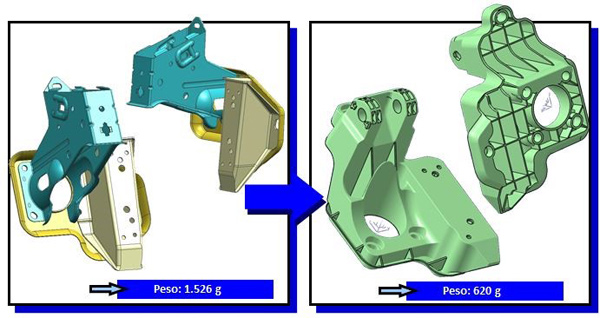 Ejemplo de soporte de pedalera en metal (VW Polo anterior, izquierda) y en plstico (VW Polo actual, desarrollado por Batz, derecha)...