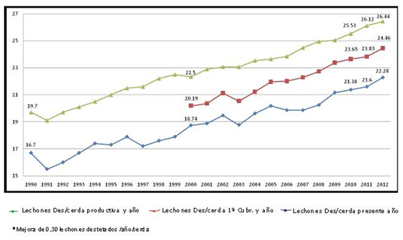 Evolucin del nmero de lechones destetados por cerda y ao (1990-2012) en Espaa. Fuente: BDporc-IRTA