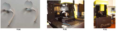 Figura 6. Implantes de PMMA mecanizados por microfresado (a) y fotografa de microfresadora 5 ejes (b, c)