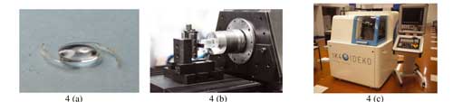 Figura 4. Lente mecanizada en el torno (a), detalle del mecanizado de lente (b) y fotografa general de mquina completa (c)...