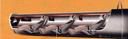 Tren britnico en proyecto Hyperloop, en un tubo, casi sin aire. La flecha indica que el pasajero no puede abrir el cinturn, e incorporarse de pie...