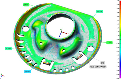 Comparativa CAD donde se observan rpidamente las desviaciones de la pieza producida contra la terica o original