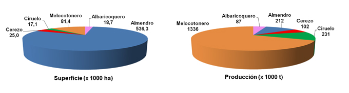 Figura 1: Superficie cultivada y produccin de los principales frutales de hueso en Espaa en el ao 2011 (Faostat, 2013)...