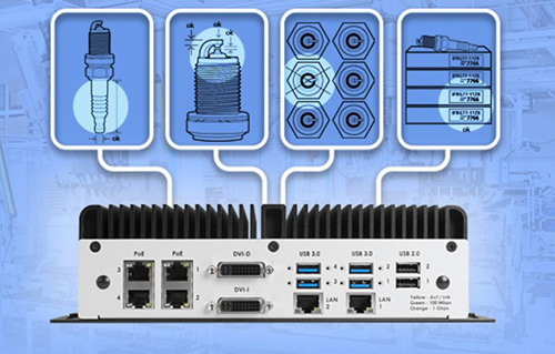Computador Matrox 4Sight GPm diseado especialmente para entornos industriales [2]) que muestra 4 puertos USB3, 2 USB2.0 y 4 GigE PoE...
