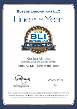 El premio 'A3 MFP Line of the Year 2014', ha sido otorgado por cuarta vez consecutiva a Konica Minolta