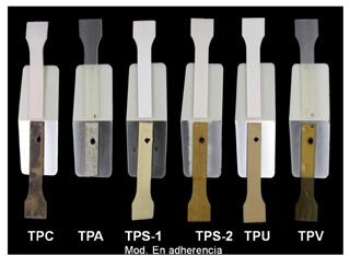 Fig. 4. Placas de ABS/PC y TPE antes (arriba) y despus del bao de cromado (abajo). TPE de diferentes bases