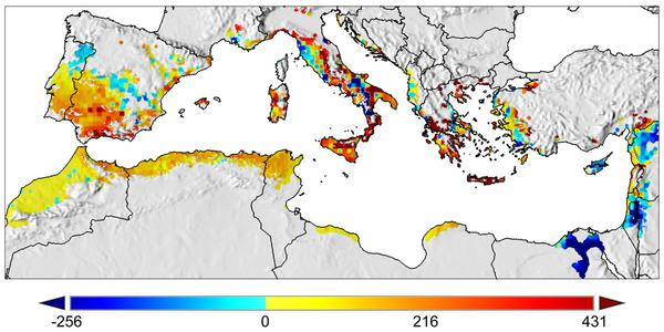 Un modelo predice que las regiones de la cuenca Mediterrnea pueden esperar un aumento (de color amarillo a rojo) o disminucin (colores azules) del...
