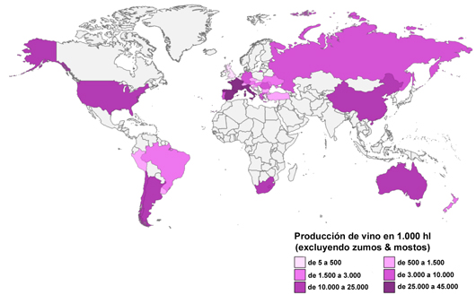 Mapa de produccin mundial del vino en 2013. Fuente: OIV