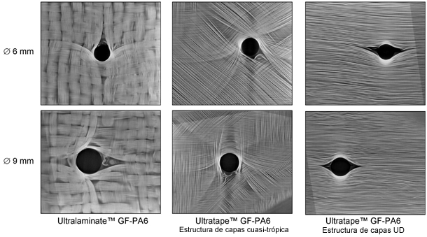 Fig.5: Tomografa computarizada de los orificios de montaje en diferentes materiales