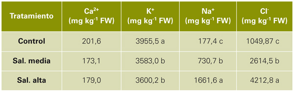 Tabla 4: Contenido en iones de las hojas de Faradia en los distintos tratamientos de salinidad