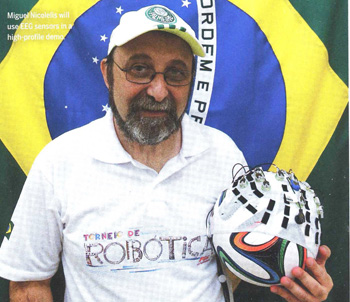 Fig.3 El Dr. Miguel Nicolelis ha colocado el casco-exoesqueleto sobre el baln chutado por un parapljico, mayo 2014
