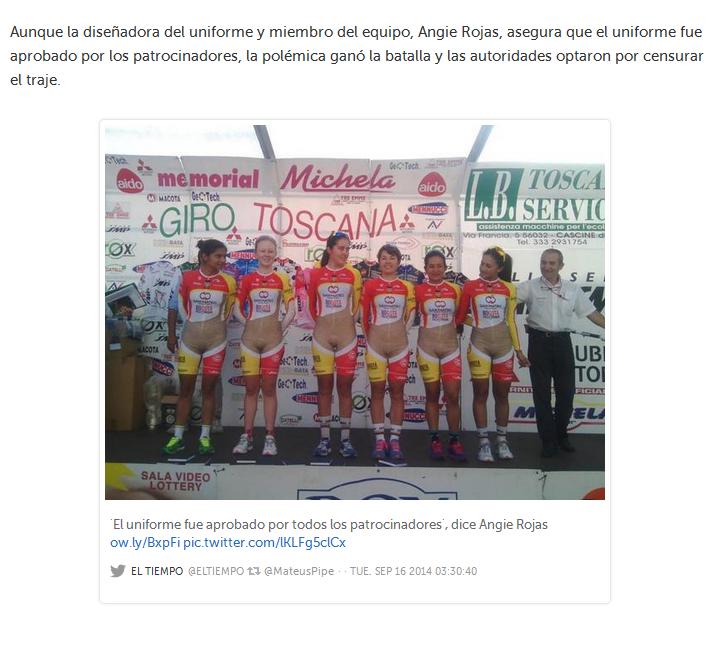Ciclistas colombianas posando con el controvrsico uniforme